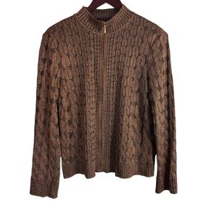 St. John Cable Knit Full Zip Sweater Women’s Size Medium Metallic Wool Blend